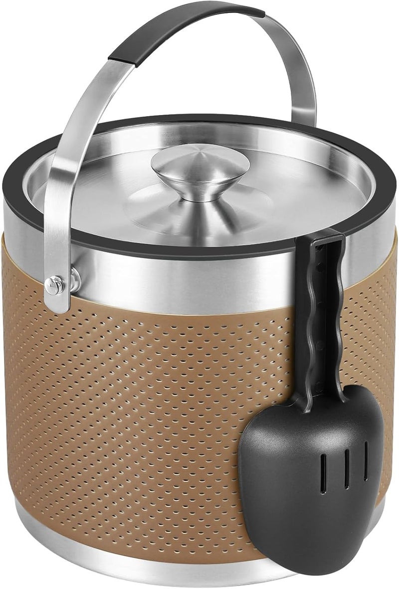 Five Home 3Quart/3.2L Insulated Ice Bucket with Lid, Scoop, Leather Design Double Wall Stainless Steel Ice Bucket for Cocktail Bar, Parties (Brown) - Image 3